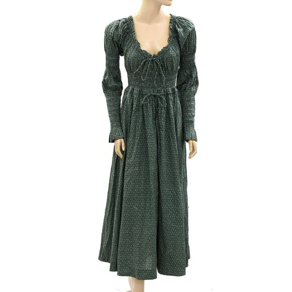 DOEN Kaira Midi Dress Printed Smocked Ruffle Evergreen Puff Sleeve S New - Picture 4 of 11